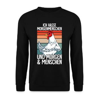 Ich Hasse Morgenmenschen Huhn - Unisex Pullover - Schwarz - Vorne - Alina (178cm) & Michal (187cm)