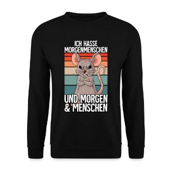Ich Hasse Morgenmenschen Maus - Unisex Pullover - Schwarz - Vorne - Alina (178cm) & Michal (187cm)