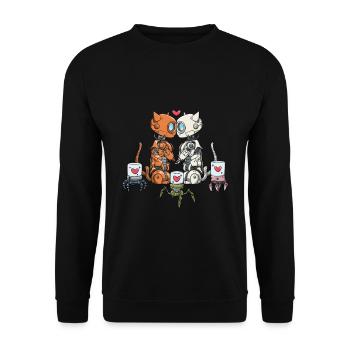 Verliebtes Roboter-Katzen-Paar - Unisex Pullover - Schwarz - Vorne - Alina (178cm) & Michal (187cm)
