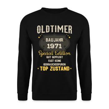 Oldtimer Baujahr 1971 - 52. Geburtstag - Unisex Pullover - Schwarz - Vorne - Alina (178cm) & Michal (187cm)