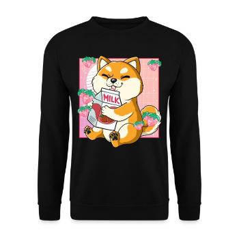 Kawaii Shiba Inu Hund Erdbeermilch - Unisex Pullover - Schwarz - Vorne - Alina (178cm) & Michal (187cm)
