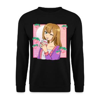 Kawaii Anime Mädchen Erdbeermilch - Unisex Pullover - Schwarz - Vorne - Alina (178cm) & Michal (187cm)