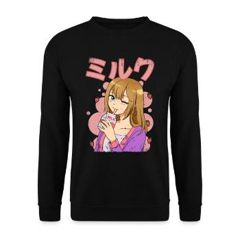 Kawaii Anime Mädchen Erdbeermilch - Unisex Pullover - Schwarz - Vorne - Alina (178cm) & Michal (187cm)