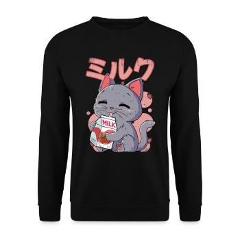Kawaii Katze Erdbeermilch - Unisex Pullover - Schwarz - Vorne - Alina (178cm) & Michal (187cm)