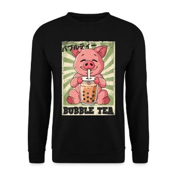 Boba Tea Schwein Bubble Tea - Unisex Pullover - Schwarz - Vorne - Alina (178cm) & Michal (187cm)