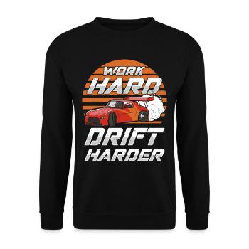 Work Hard Drift Harder JDM Car - Unisex Pullover - Schwarz - Vorne - Alina (178cm) & Michal (187cm)