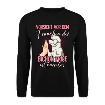 Vorsicht vor dem Frauchen Bichon Frise - Unisex Pullover - Schwarz - Vorne - Alina (178cm) & Michal (187cm)