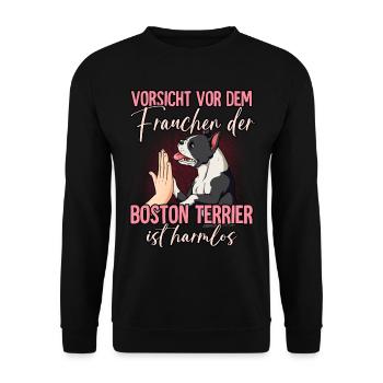 Vorsicht vor dem Frauchen Boston Terrier - Unisex Pullover - Schwarz - Vorne - Alina (178cm) & Michal (187cm)