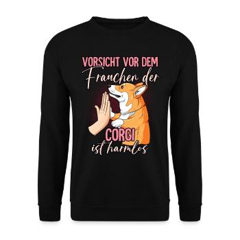 Vorsicht vor dem Frauchen Corgi - Unisex Pullover - Schwarz - Vorne - Alina (178cm) & Michal (187cm)