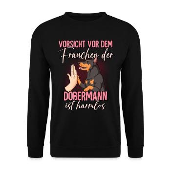 Vorsicht vor dem Frauchen Dobermann - Unisex Pullover - Schwarz - Vorne - Alina (178cm) & Michal (187cm)