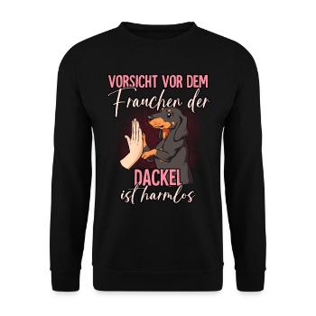 Vorsicht vor dem Frauchen Dackel - Unisex Pullover - Schwarz - Vorne - Alina (178cm) & Michal (187cm)