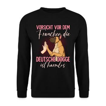 Vorsicht vor dem Frauchen Deutsche Dogge - Unisex Pullover - Schwarz - Vorne - Alina (178cm) & Michal (187cm)