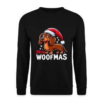 Weihnachtshund Merry Woofmas Weihnachtsdackel - Unisex Pullover - Schwarz - Vorne - Alina (178cm) & Michal (187cm)