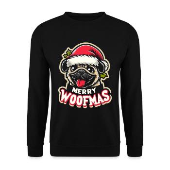 Weihnachtshund Merry Woofmas Weihnachtsmops - Unisex Pullover - Schwarz - Vorne - Alina (178cm) & Michal (187cm)