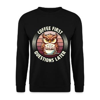 Mürrische Eule Mit Kaffee-morgenstimmung - Unisex Pullover - Schwarz - Vorne - Alina (178cm) & Michal (187cm)