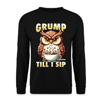 Mürrische Eule Mit Kaffee-morgenstimmung - Unisex Pullover - Schwarz - Vorne - Alina (178cm) & Michal (187cm)
