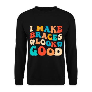 Witziger Zahnspangen Spruch - Unisex Pullover - Schwarz - Vorne - Alina (178cm) & Michal (187cm)