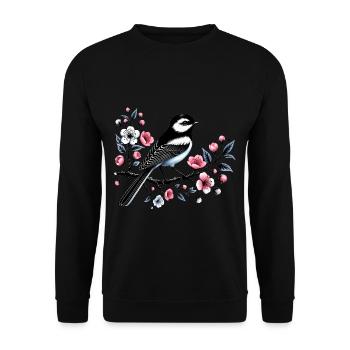 Chicadée sur le dessin d’une branche fleurie - Sweat-shirt Unisexe - noir - Devant - Alina (178cm) & Michal (187cm)