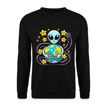 Lustiger Außerirdischer mit Erde Design - Unisex Pullover - Schwarz - Vorne - Alina (178cm) & Michal (187cm)