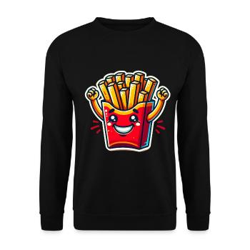 Happy Fries Cartoon Aufkleber - Unisex Pullover - Schwarz - Vorne - Alina (178cm) & Michal (187cm)