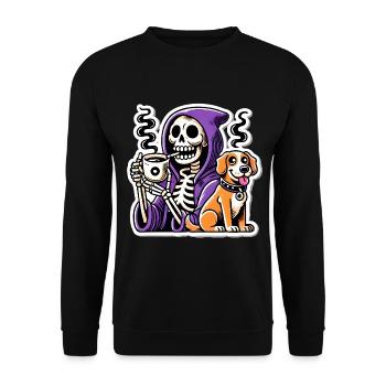 Skelett Kaffee Liebhaber mit Hund - Unisex Pullover - Schwarz - Vorne - Alina (178cm) & Michal (187cm)