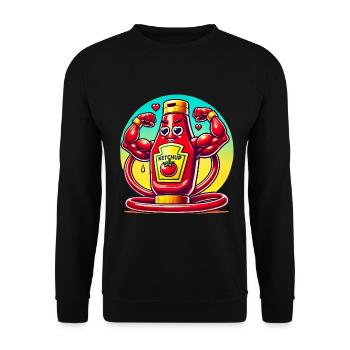 Muskulöse Ketchupflasche biegt sich - Unisex Pullover - Schwarz - Vorne - Alina (178cm) & Michal (187cm)