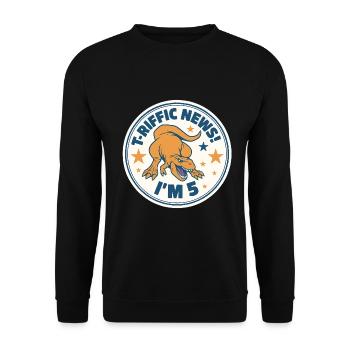 Badge Dino pour mon 5e anniversaire - Sweat-shirt Unisexe - noir - Devant - Alina (178cm) & Michal (187cm)