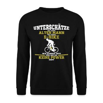 Alter Mann fährt Fahrrad Radfahrer mit Ebike - Unisex Pullover - Schwarz - Vorne - Alina (178cm) & Michal (187cm)