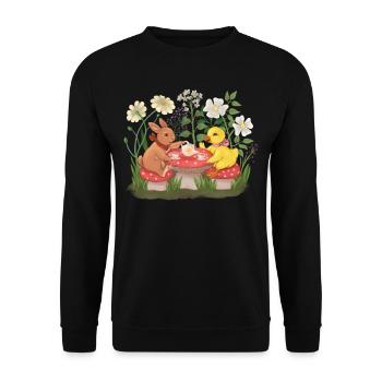 Cottagecore Aesthetics Hase Ente Teezeit - Unisex Pullover - Schwarz - Vorne - Alina (178cm) & Michal (187cm)
