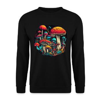 Trippy Mushrooms Abstrakte Pilze Fungus Kunst - Unisex Pullover - Schwarz - Vorne - Alina (178cm) & Michal (187cm)