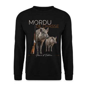 Mordu De Chasse Saison Homme Chasseur de Sanglier - Sweat-shirt Unisexe - noir - Devant - Alina (178cm) & Michal (187cm)