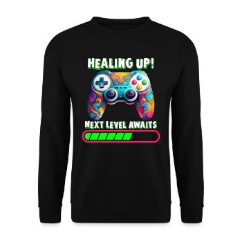 Healing Up Next Level Awaits Gamer Gaming Nerd - Unisex Pullover - Schwarz - Vorne - Alina (178cm) & Michal (187cm)