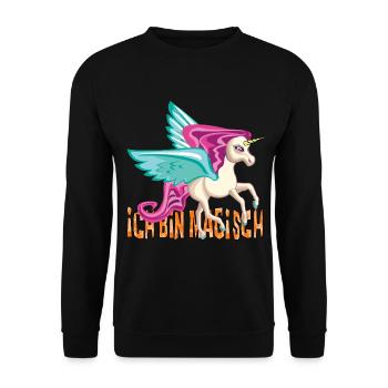 Süßes Einhorn mit Spruch "Ich bin Magisch" Unicorn - Unisex Pullover - Schwarz - Vorne - Alina (178cm) & Michal (187cm)