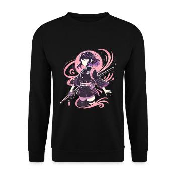 Anime Kriegerin Mädchen mit Schwert - Unisex Pullover - Schwarz - Vorne - Alina (178cm) & Michal (187cm)