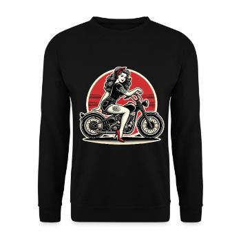 PinUp Girl auf Motorrad Design - Unisex Pullover - Schwarz - Vorne - Alina (178cm) & Michal (187cm)