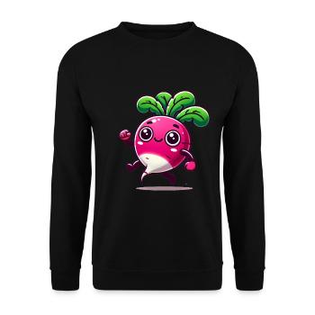 Glücklicher Cartoon-Radieschen-Charakter - Unisex Pullover - Schwarz - Vorne - Alina (178cm) & Michal (187cm)