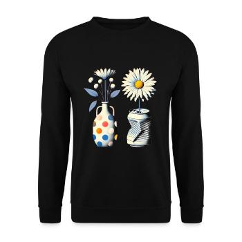 Vintage-Gänseblümchen in skurrilen Vasen - Unisex Pullover - Schwarz - Vorne - Alina (178cm) & Michal (187cm)