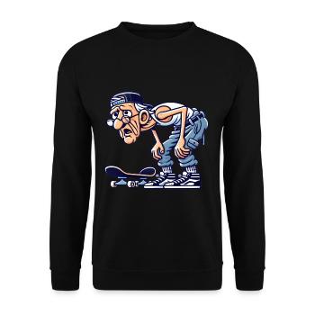 Lustiger alter Skater Cartoon Aufkleber - Unisex Pullover - Schwarz - Vorne - Alina (178cm) & Michal (187cm)