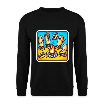 Lustiger Hotdog-Unfall am Lagerfeuer - Unisex Pullover - Schwarz - Vorne - Alina (178cm) & Michal (187cm)