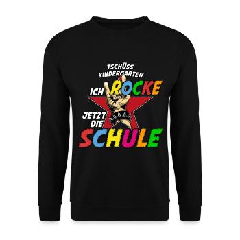 Tschüss Kindergarten ich rocke jetzt die Schule - Unisex Pullover - Schwarz - Vorne - Alina (178cm) & Michal (187cm)