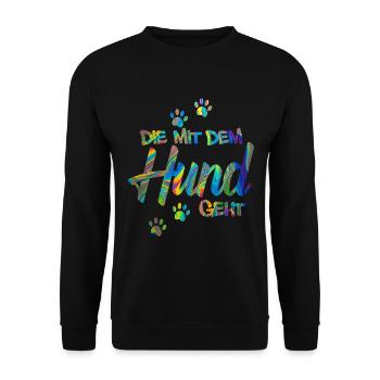 Die mit dem Hund geht | Hundebesitzer Geschenkidee - Unisex Pullover - Schwarz - Vorne - Alina (178cm) & Michal (187cm)