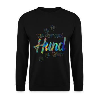 Die mit dem Hund geht | Hundebesitzer Geschenkidee - Unisex Pullover - Schwarz - Vorne - Alina (178cm) & Michal (187cm)