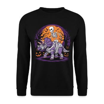 Skelett reitet einen Dinosaurier an Halloween - Unisex Pullover - Schwarz - Vorne - Alina (178cm) & Michal (187cm)