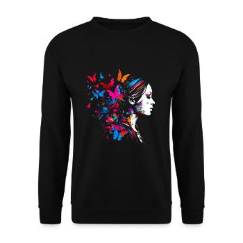 Psychedelisches Artwork Schmetterlinge - Open Mind - Unisex Pullover - Schwarz - Vorne - Alina (178cm) & Michal (187cm)