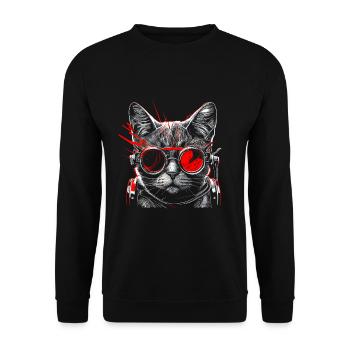 Coole futuristische Steampunk Katze, rote Brille - Unisex Pullover - Schwarz - Vorne - Alina (178cm) & Michal (187cm)