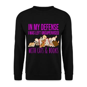 In My Defense Cats And Books Katzen Bücher Lesen - Unisex Pullover - Schwarz - Vorne - Alina (178cm) & Michal (187cm)