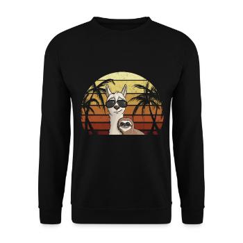 80er Retro Style Faultier auf Hipster Lama - Unisex Pullover - Schwarz - Vorne - Alina (178cm) & Michal (187cm)