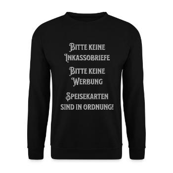 Bitte keine Werbung - Lustiger Spruch Inkasso - Unisex Pullover - Schwarz - Vorne - Alina (178cm) & Michal (187cm)