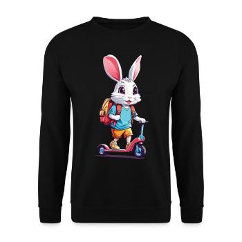 Fröhlicher Schulkind Hase Tretroller Design - Unisex Pullover - Schwarz - Vorne - Alina (178cm) & Michal (187cm)