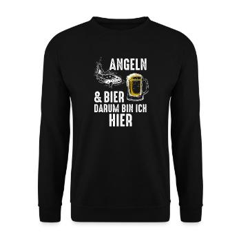 Angeln und Bier, darum bin ich hier. - Unisex Pullover - Schwarz - Vorne - Alina (178cm) & Michal (187cm)